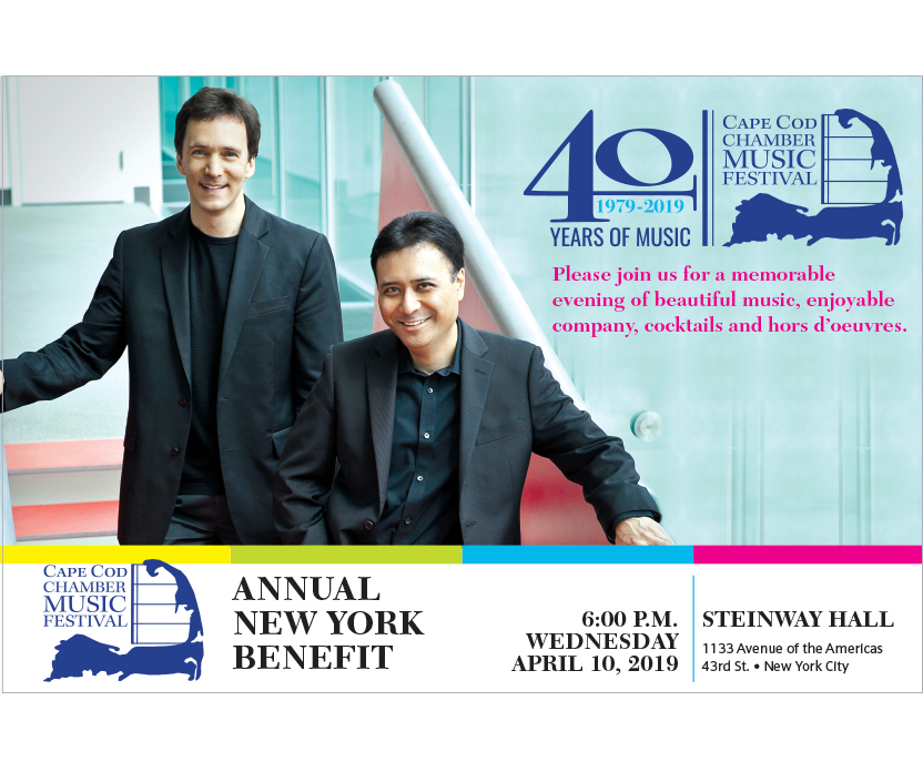 Front of postcard with large picture of two musicians with logo and text in upper right corner. Under picture are branding colors, logo, event date and location.