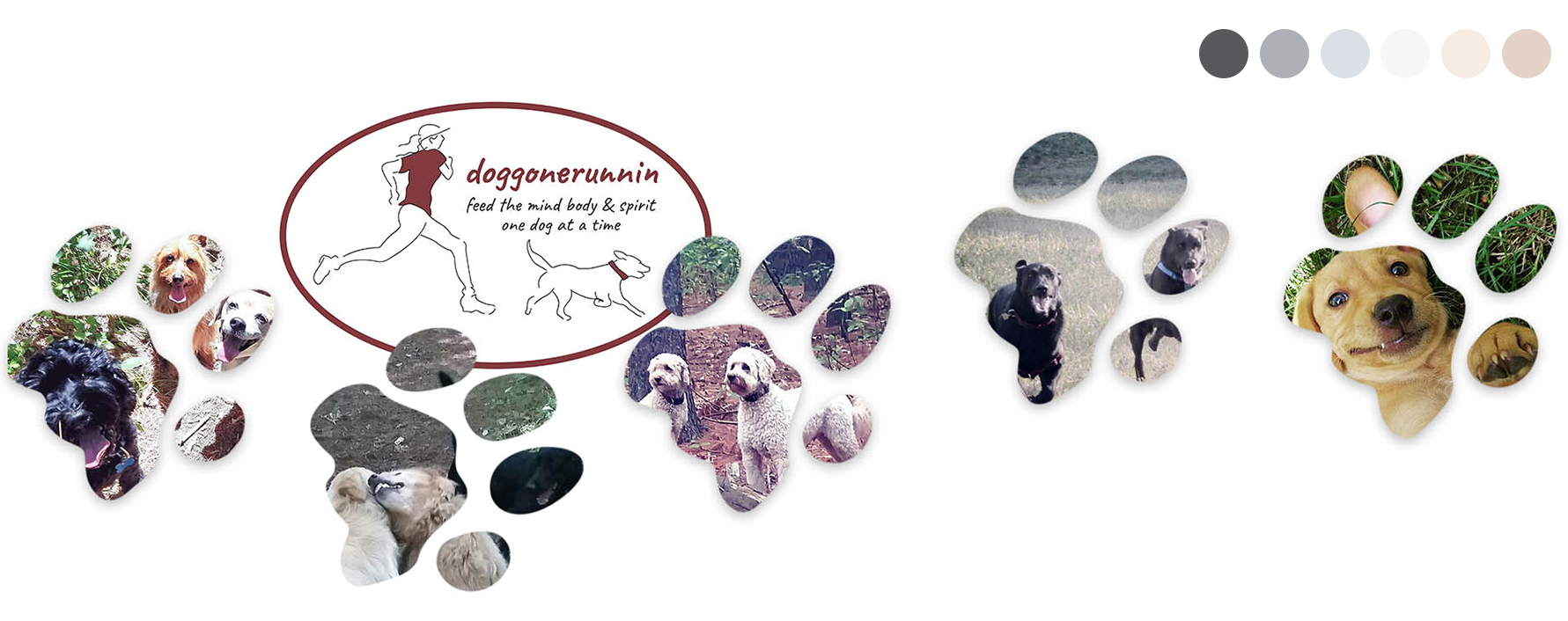 Doggonerunnin website banner features doggonerunnin logo with paw prints going horizontally across the page. The paw prints contain photos of dogs.