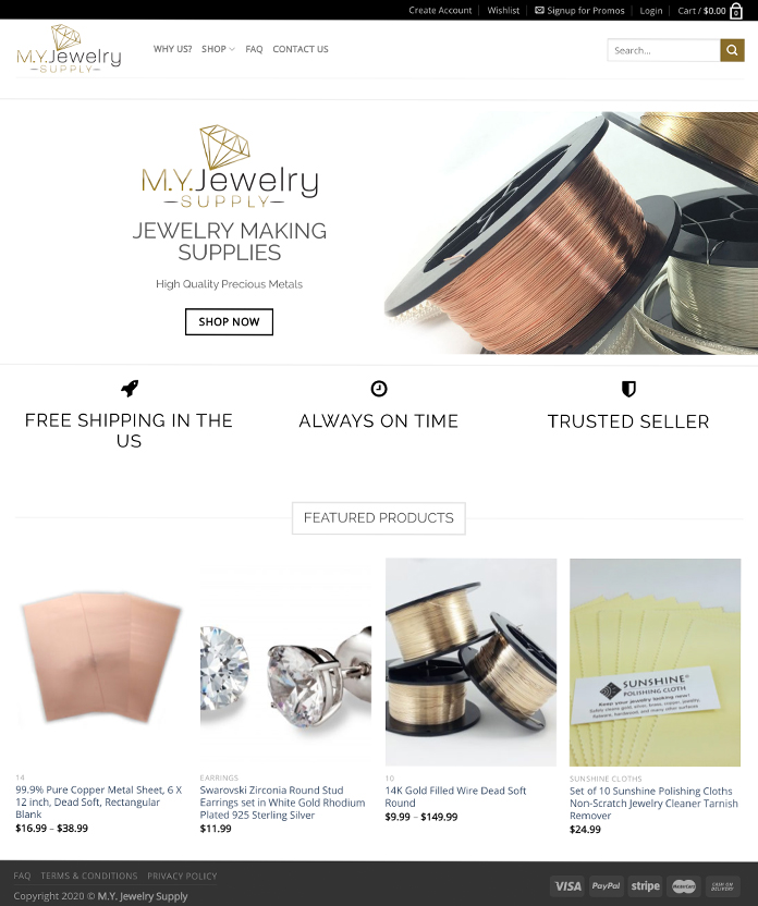 MY Jewelry supply website home page layout has a page header, banner, row of icons and titles and a featured product section.