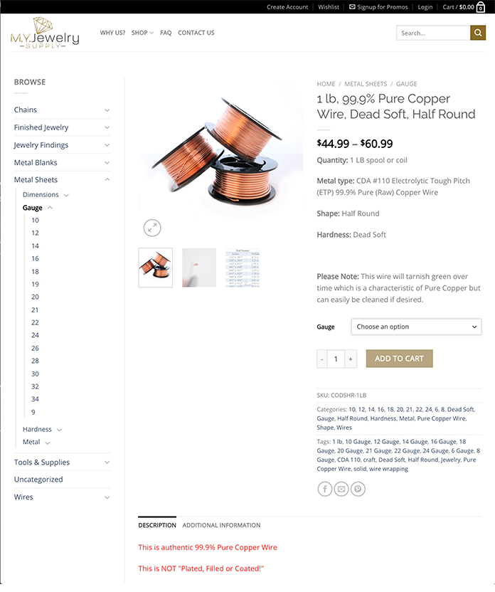 Website product page with page header, left side bar with categories, and main content section with product images, details, add to cart.