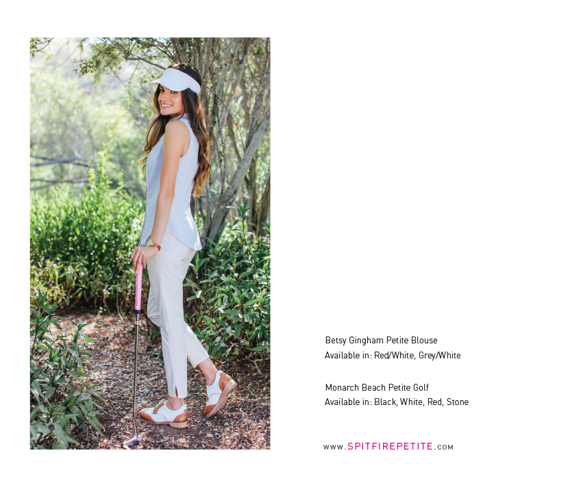 Layout of lookbook page with a woman on golf course on left side of page. Towards the bottom of the right side of page is name of clothing she is wearing and colors available.